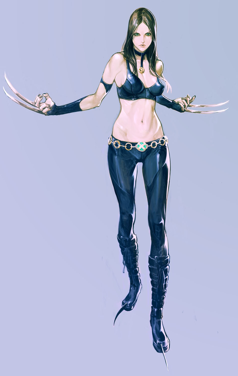 bare_shoulders, brown_hair, claws, green_eyes, highres, ikeda_masateru, long_hair, marvel, marvel_vs._capcom, marvel_vs._capcom_3, marvel_vs_capcom, marvel_vs_capcom_3, navel, realistic, simple_background, x-23