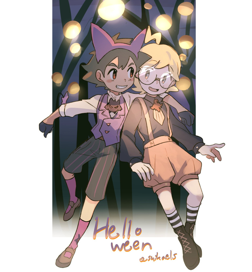 2boys, :d, ahoge, alternate_costume, ash_ketchum, black_gloves, blonde_hair, brown_eyes