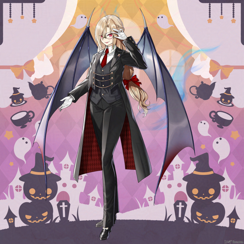 1girl, argyle_background, arm_up, black_footwear, black_jacket, black_pants, black_vest, bow, braid, butler, character_request, collared_shirt, commentary_request, cup, fangs, fangs_out, female_butler, glasses, gloves, hair_bow, hair_over_one_eye, highres, jack-o'-lantern, jacket, loafers, long_hair, lost_arcadia, necktie, official_art, open_clothes, open_jacket, pants, plaid_clothes, plaid_necktie, red_bow, red_eyes, red_necktie, shirt, shoes, socks, solo, teacup, teapot, tyone, very_long_hair, vest, white_gloves, white_shirt, white_socks