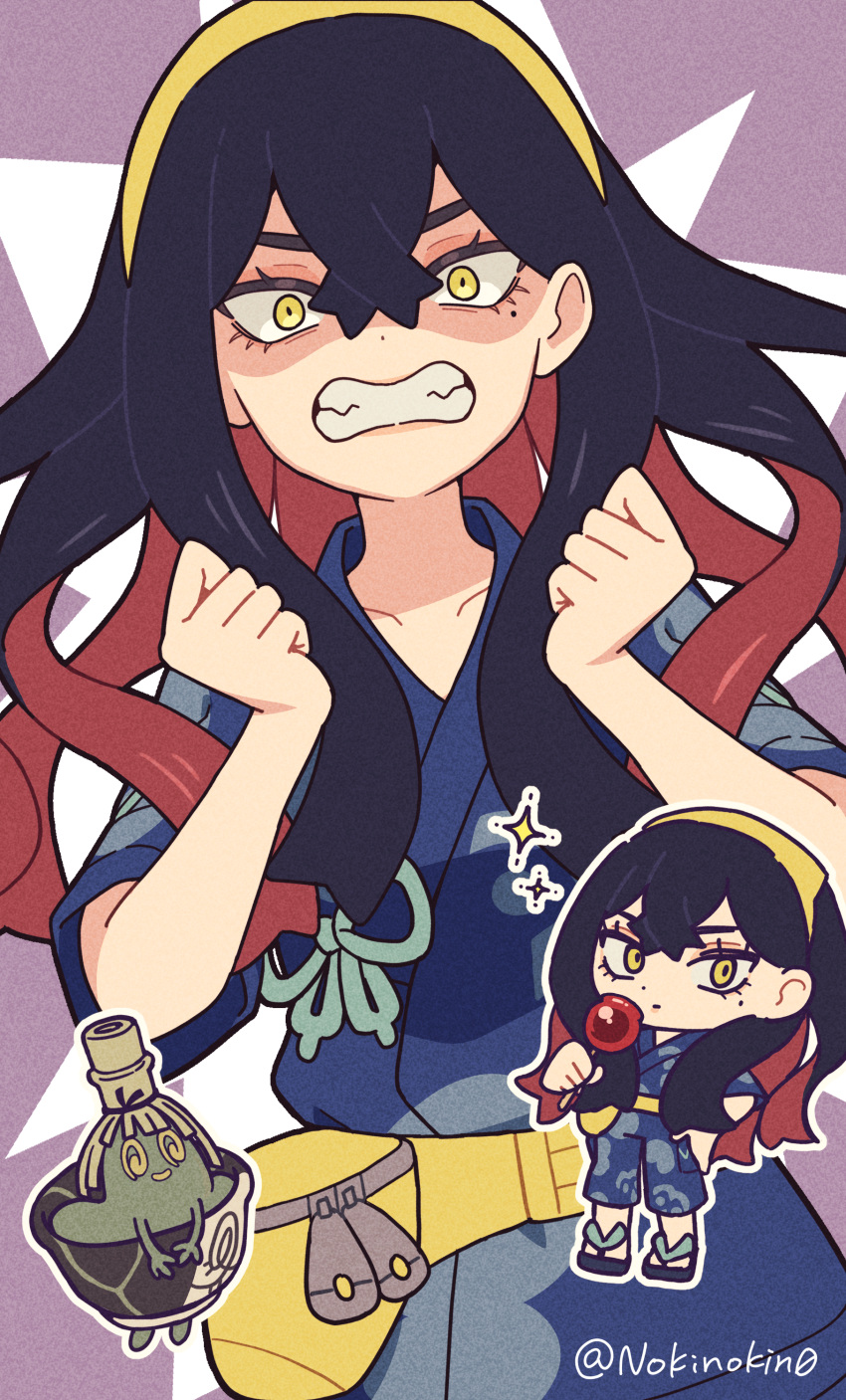 1girl, absurdres, black_hair, blue_shirt, blue_shorts, carmine_(pokemon), chibi, clenched_hands