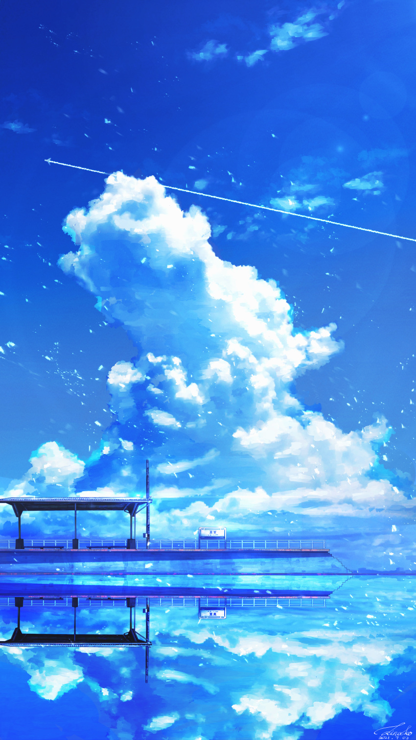 absurdres, blue_sky, blue_theme, clouds, commentary, contrail, cumulonimbus_cloud, dated