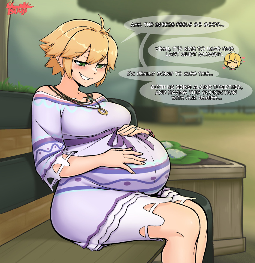 1girl, absurdres, artist_name, belly, bench, big_belly, fiora_(xenoblade), hands_on_own_stomach