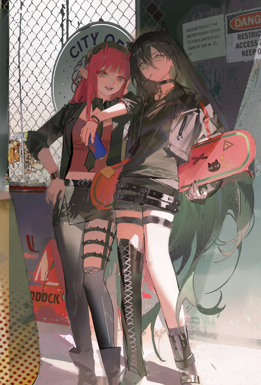 2girls, arknights, asymmetrical_footwear, asymmetrical_legwear, boots, highres, lyooo_6, multiple_girls