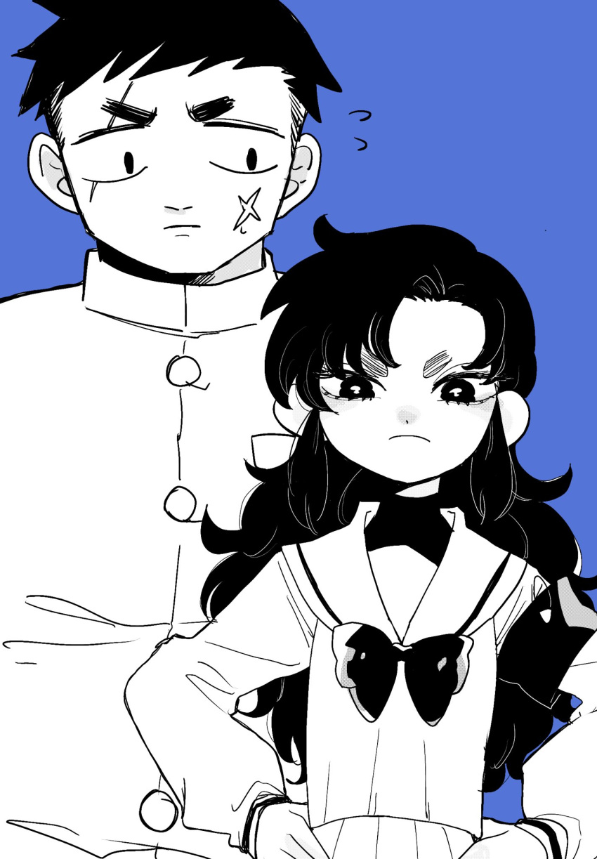 1boy, 1girl, black_hair, blue_background, character_request, closed_mouth, cross_scar, flying_sweatdrops, frown, gakuran, hands_on_own_hips, highres, houkago_himitsu_club, long_hair, looking_at_another, looking_at_viewer, monochrome, scar, scar_across_eye, scar_on_cheek, scar_on_face, school_uniform, serafuku, short_hair, simple_background, spot_color, taberare_naiyo, thick_eyebrows, v-shaped_eyebrows