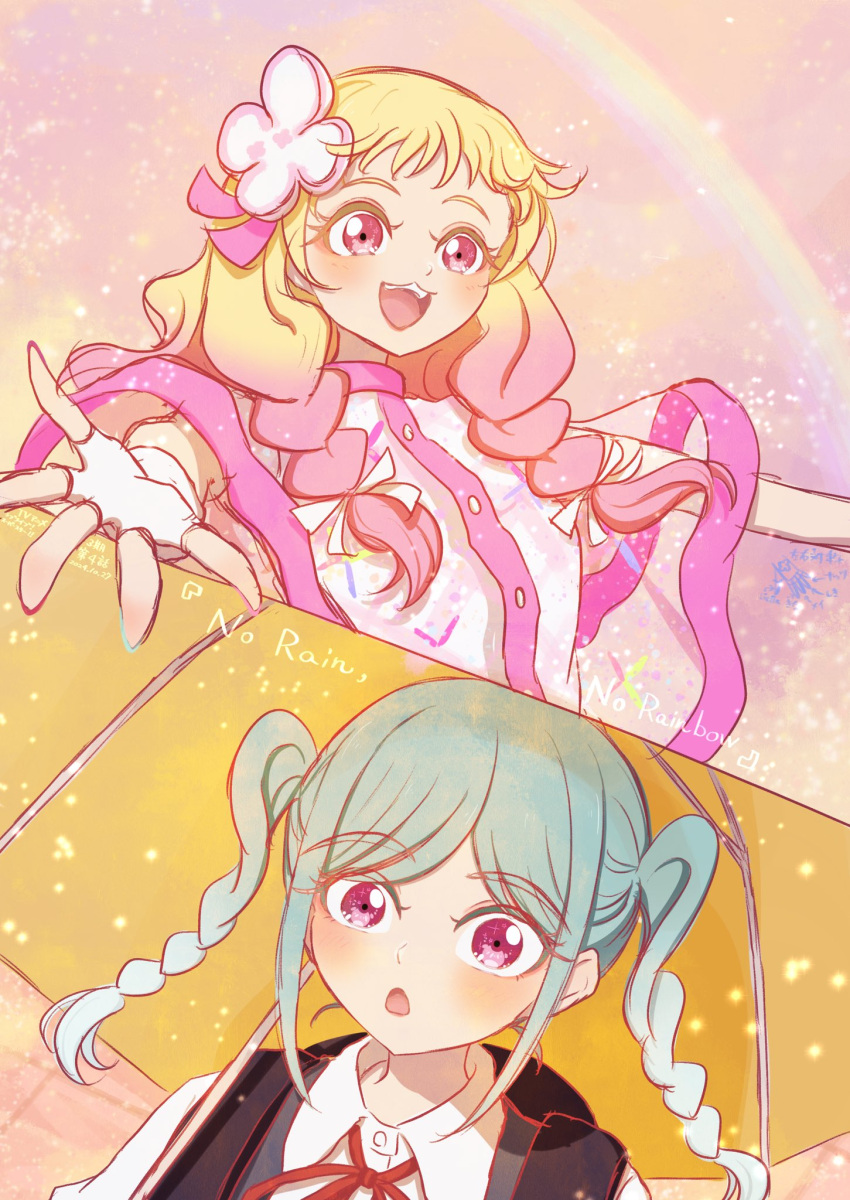 2girls, :3, :d, :o, alt_text, aqua_hair, backpack, bag