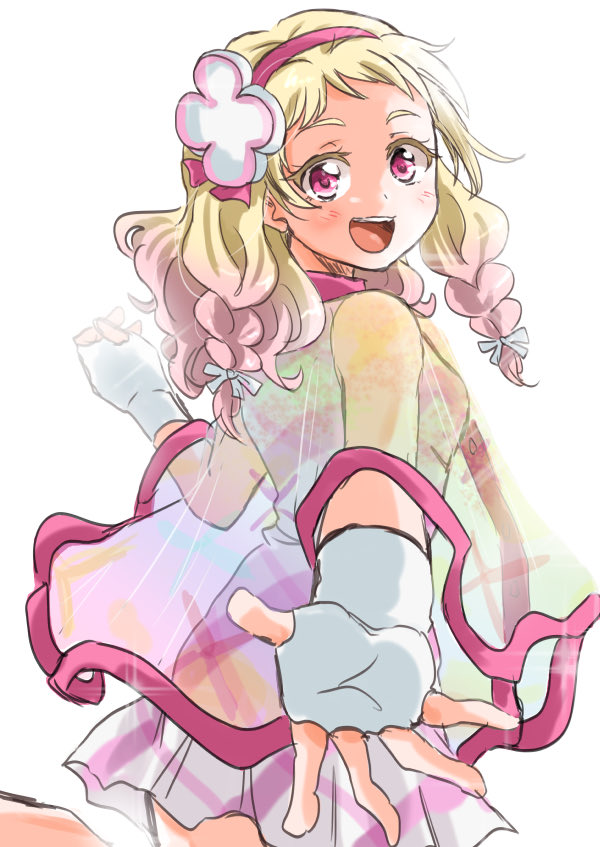 1girl, :d, blonde_hair, blush, braid, breasts, commentary, cowboy_shot, dress, fingerless_gloves, foreshortening, gloves, gradient_hair, hair_ribbon, hairband, leg_up, long_hair, love_live!, love_live!_superstar!!, low_twin_braids, multicolored_hair, no_rain_no_rainbow_(love_live!), offering_hand, onitsuka_natsumi, pink_eyes, pink_hair, pink_hairband, rain_poncho, reaching, reaching_towards_viewer, ribbon, see-through_clothes, see-through_raincoat, short_dress, simple_background, sleeveless, sleeveless_dress, small_breasts, smile, solo, teeth, twin_braids, unya, upper_teeth_only, white_background, white_dress, white_gloves, white_ribbon