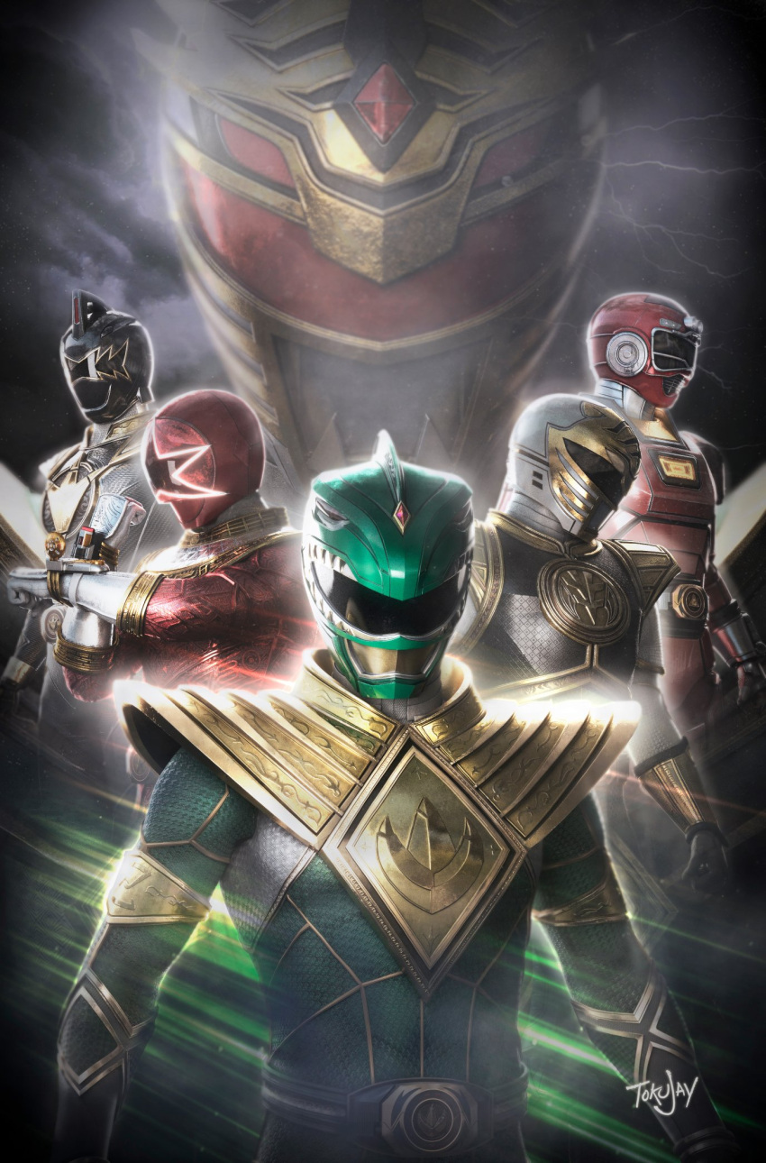 1boy, arm_guards, armor, artist_name, belt, black_bodysuit, black_dino_ranger, bodysuit