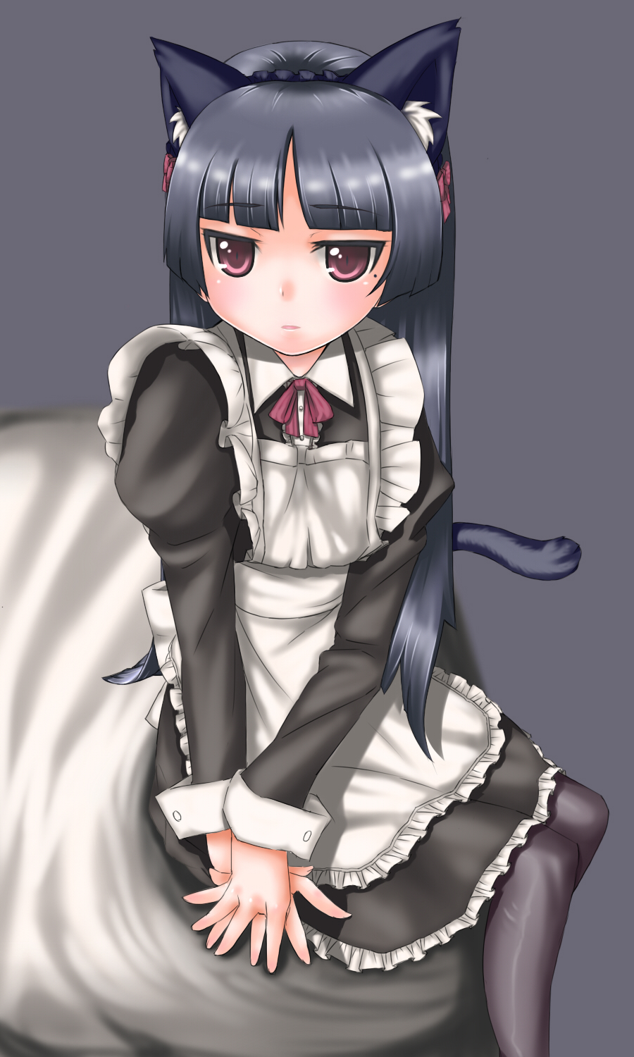 black_hair, cat_ears, gacya, gokou_ruri, highres, long_hair, maid, ore_no_imouto_ga_konna_ni_kawaii_wake_ga_nai, pantyhose, red_eyes, tail