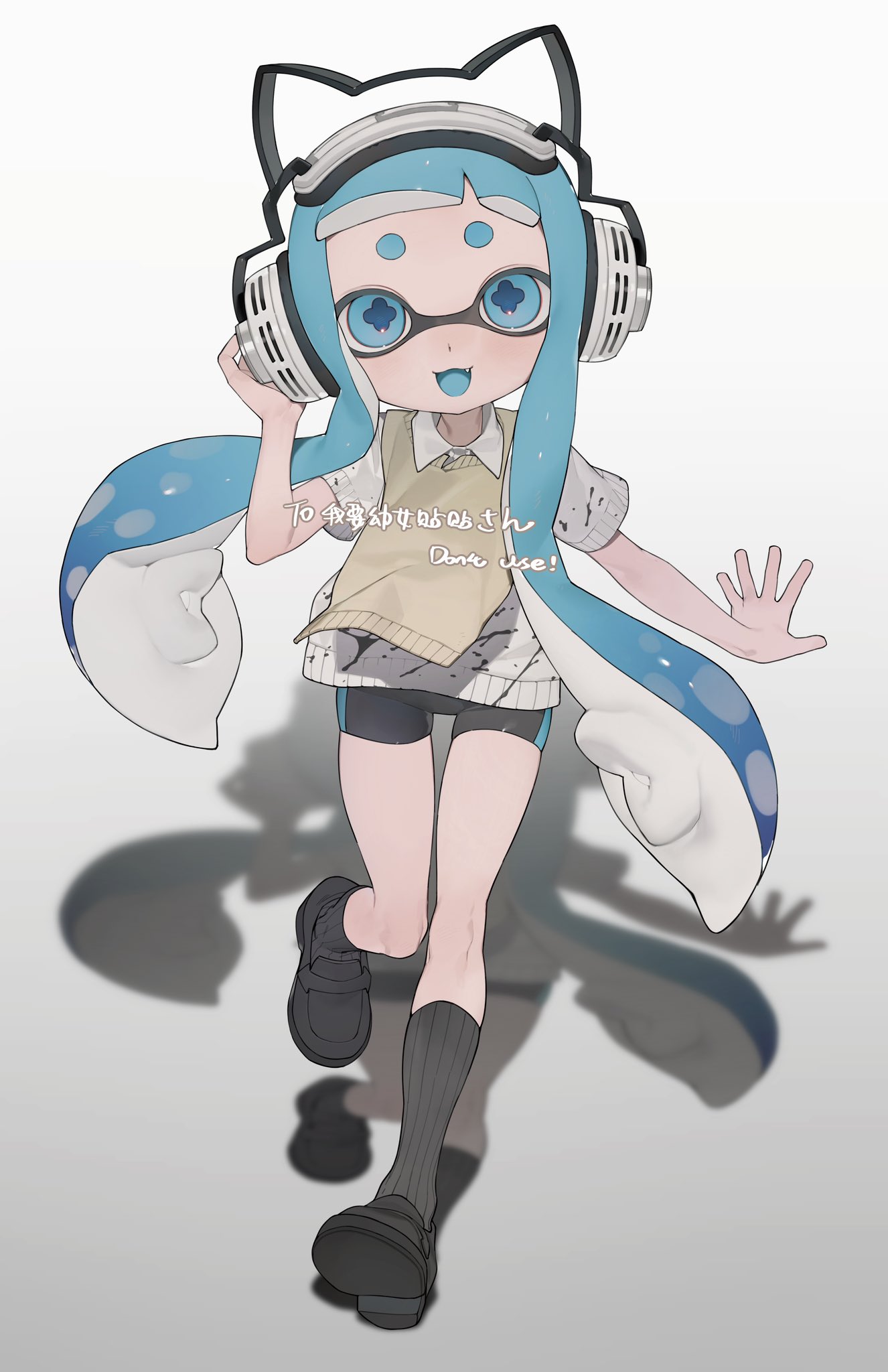 1girl, animal_ear_headphones, animal_ears, bike_shorts, black_footwear, black_shorts, black_socks, blue_eyes, blue_hair, blue_pupils, blue_tongue, cat_ear_headphones, collared_shirt, colored_tongue, fake_animal_ears, fang, flower-shaped_pupils, full_body, gomi20021021, hand_on_headphones, headphones, highres, inkling, inkling_girl, inkling_player_character, loafers, long_hair, open_mouth, print_shirt, shirt, shoes, short_eyebrows, short_sleeves, shorts, smile, socks, solo, splatoon_(series), splatter_print, standing, standing_on_one_leg, suction_cups, sweater_vest, symbol-shaped_pupils, tentacle_hair, thick_eyebrows, twintails, watermark, white_background, white_shirt, yellow_sweater_vest