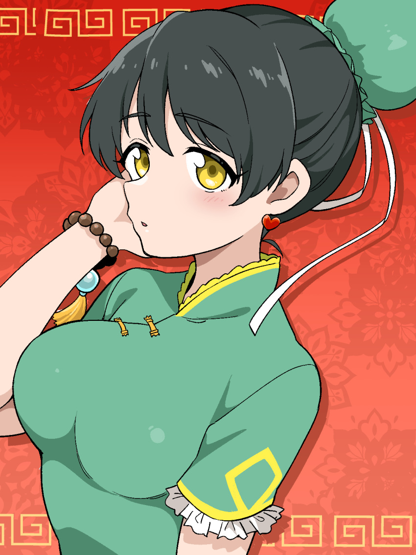 1girl, arm_up, black_hair, breasts, bun_cover, china, commentary_request, dress