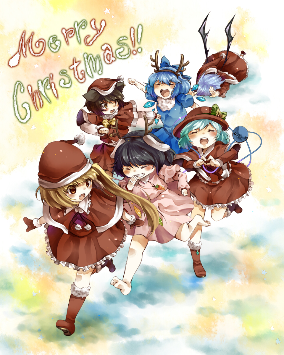 bad_id, chen, christmas, cirno, flandre_scarlet, highres, icanfry, inaba_tewi