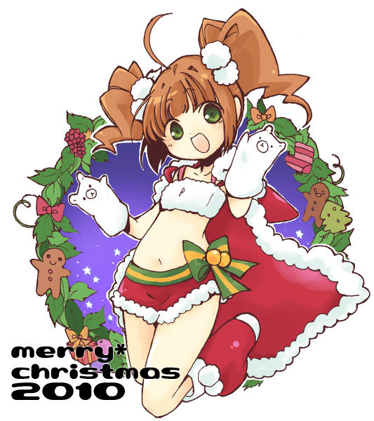 boots, brown_hair, cape, christmas, eru_(fuerisuto), gingerbread_man, green_eyes, hand_puppet