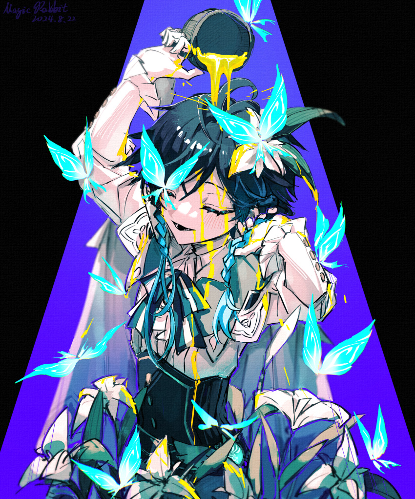 1boy, absurdres, alcohol, aqua_hair, artist_name, ascot, beer_mug, blush