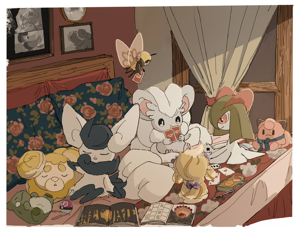 3girls, :o, alcremie, alcremie_(lemon_cream), alcremie_(ribbon_sweet), animal_ears, animal_focus, animal_hands