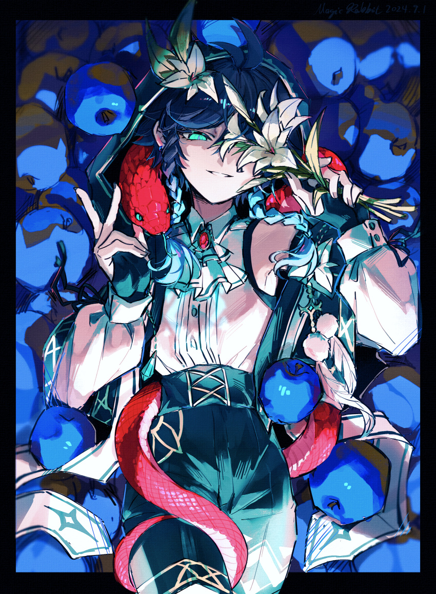 1boy, absurdres, animal, apple, aqua_eyes, aqua_hair, ascot, black_border