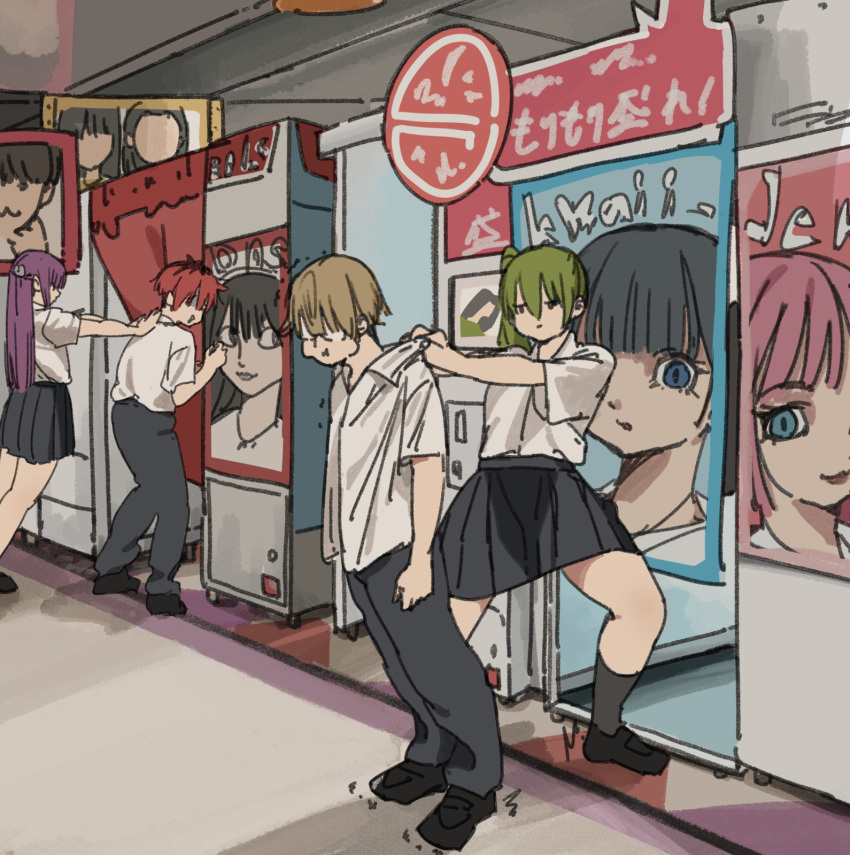 2boys, 2girls, alternate_costume, black_footwear, black_pants, black_skirt, brown_hair, commentary_request