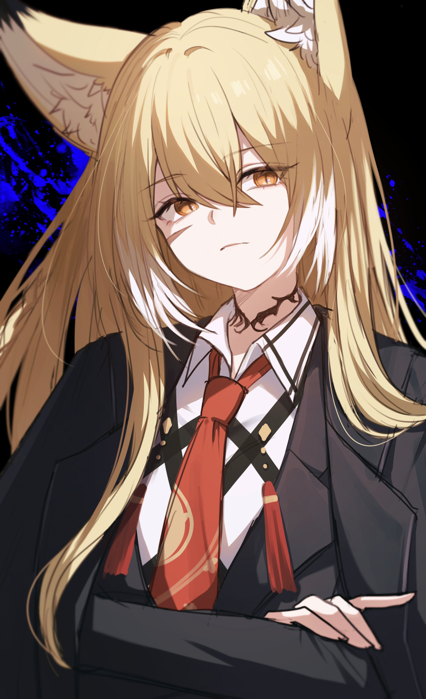 1girl, absurdres, animal_ear_fluff, animal_ears, arknights, black_coat, black_jacket, black_suit