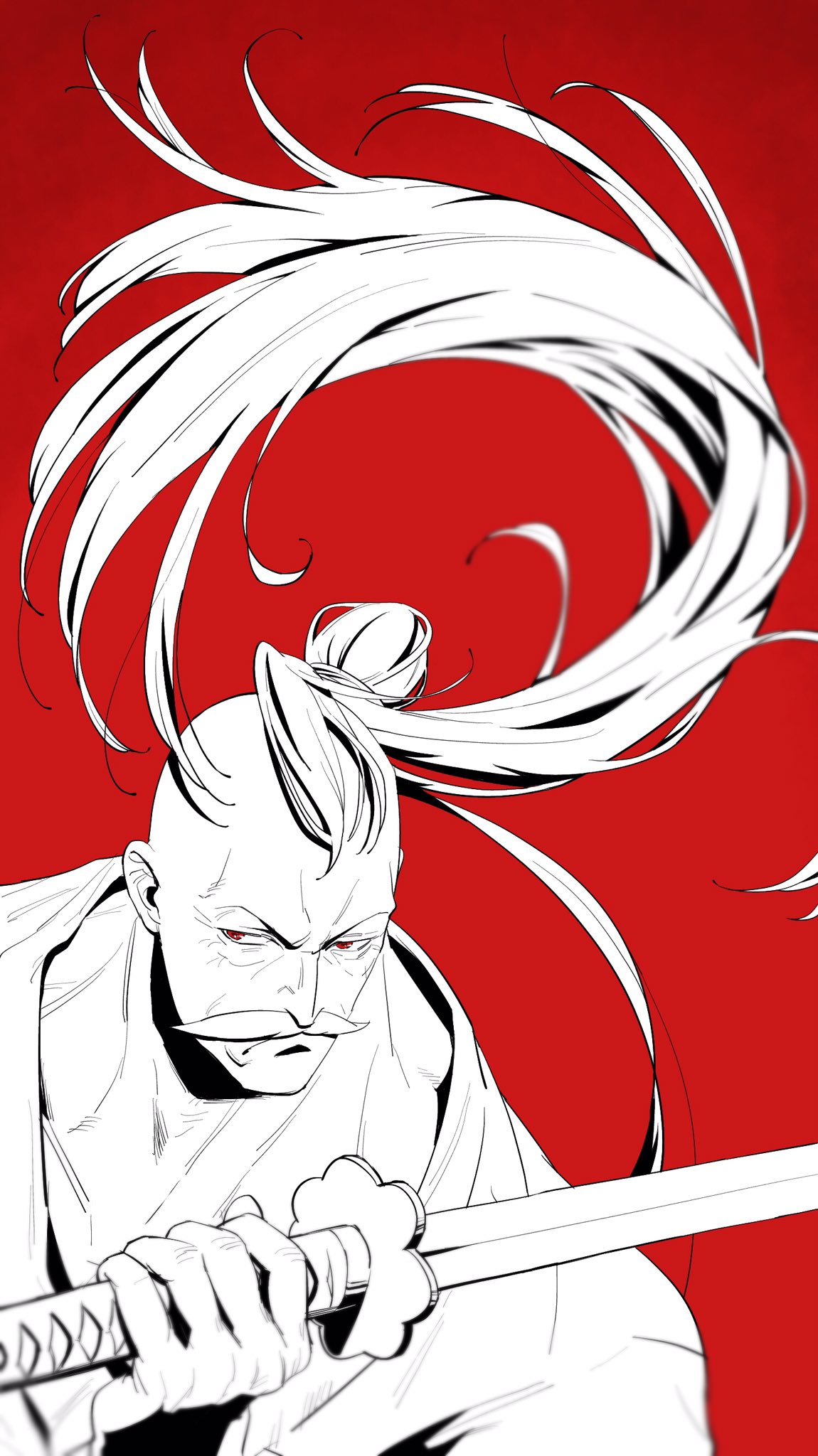 1boy, commentary, facial_hair, floating_hair, greyscale_with_colored_background, highres, holding, holding_sword, holding_weapon, looking_to_the_side, male_focus, mifunenco, momonga_(one_piece), mustache, one_piece, ponytail, red_background, red_eyes, simple_background, solo, sword, upper_body, weapon