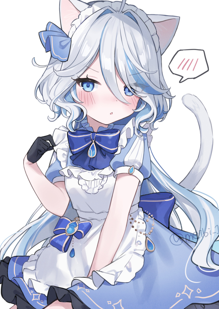 1girl, alternate_costume, animal_ears, apron, black_gloves, blue_bow, blue_bowtie, blue_dress, blue_eyes, blue_gemstone, blue_hair, blue_pupils, blush, bow, bowtie, cat_ears, cat_tail, dress, drop-shaped_pupils, enmaided, frilled_apron, frills, furina_(genshin_impact), gem, genshin_impact, gloves, hair_between_eyes, highres, hydro_symbol_(genshin_impact), kemonomimi_mode, light_blue_hair, long_hair, looking_at_viewer, maid, maid_headdress, meibi_1, multicolored_hair, revision, short_sleeves, solo, speech_bubble, spoken_blush, streaked_hair, symbol-shaped_pupils, tail, twitter_username, upper_body, very_long_hair, vision_(genshin_impact), white_apron, white_hair