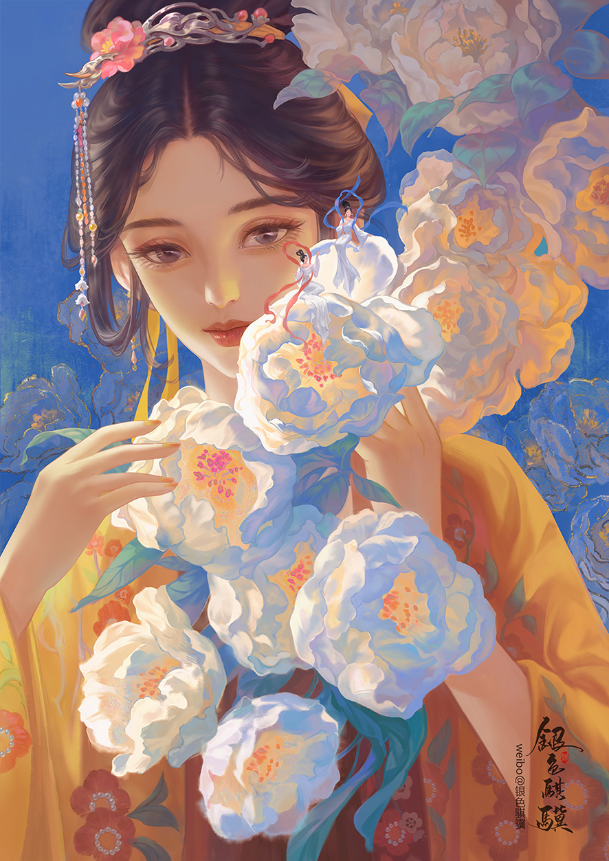 1girl, blue_background, blue_sky, braid, brown_eyes, brown_hair, camelia_print, china_dress, chinese_clothes, chrysanthemum, dress, floral_background, floral_print, flower, hair_bun, hair_flower, hair_ornament, hairpin, hanfu, hazel_eyes, highres, long_hair, looking_at_viewer, original, red_lips, sky, tagme, upper_body, yinse_qi_ji