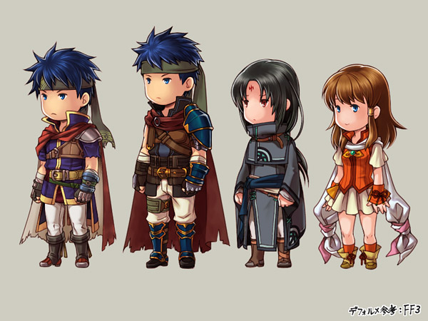 1girl, 3boys, armor, black_hair, blue_eyes, blue_hair, brown_hair, cape