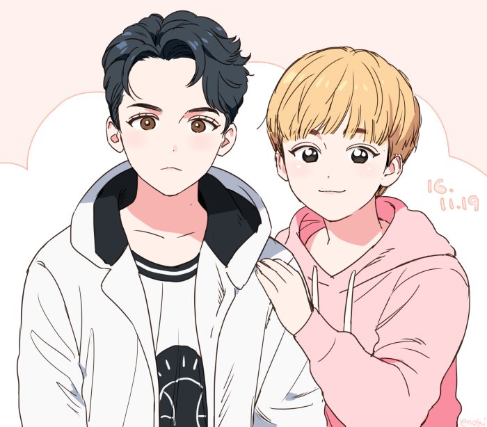 2boys, black_eyes, black_hair, blonde_hair, blunt_bangs, brown_eyes, dated, eno_bw, hood, hoodie, k-pop, looking_at_viewer, male_focus, multiple_boys, pink_hoodie, real_life, seungkwan, seventeen_(group), short_hair, smile, upper_body, vernon_(seventeen), white_hoodie