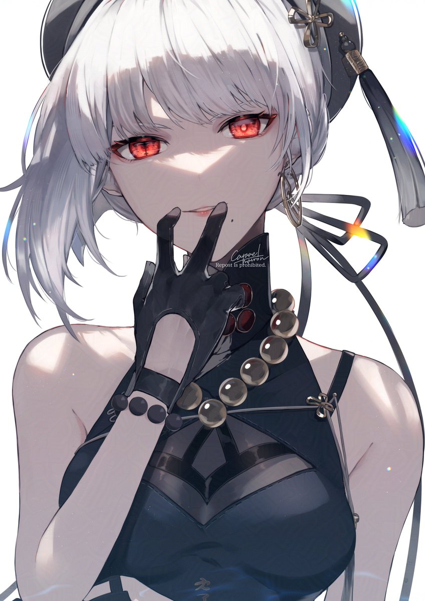 1girl, adversarial_noise, bare_shoulders, bead_necklace, beads, black_gloves, black_hat, black_ribbon