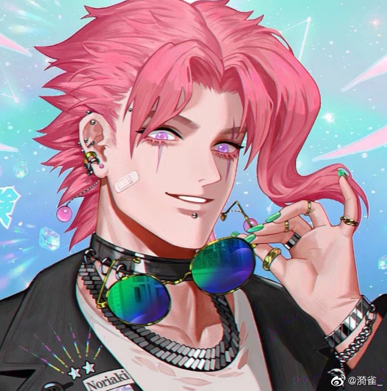 1boy, asymmetrical_bangs, bandaid, bandaid_on_cheek, bandaid_on_face, black_jacket, blue-tinted_eyewear, blue_background, character_request, chin_piercing, chinese_commentary, commentary_request, ear_piercing, eyelashes, fass_(weibo_7305677554), gold_ring, gradient-tinted_eyewear, green-tinted_eyewear, green_nails, holding, holding_removed_eyewear, jacket, jewelry, jojo_no_kimyou_na_bouken, kakyoin_noriaki, long_sleeves, male_focus, multiple_piercings, multiple_rings, nail_polish, necklace, open_clothes, open_jacket, palms, parted_lips, piercing, pink_hair, ring, scar, scar_across_eye, shirt, short_hair, smile, solo, stardust_crusaders, sunglasses, teeth, thick_eyebrows, tinted_eyewear, unworn_eyewear, upper_body, violet_eyes, wavy_hair, weibo_watermark, white_shirt, yellow-framed_eyewear