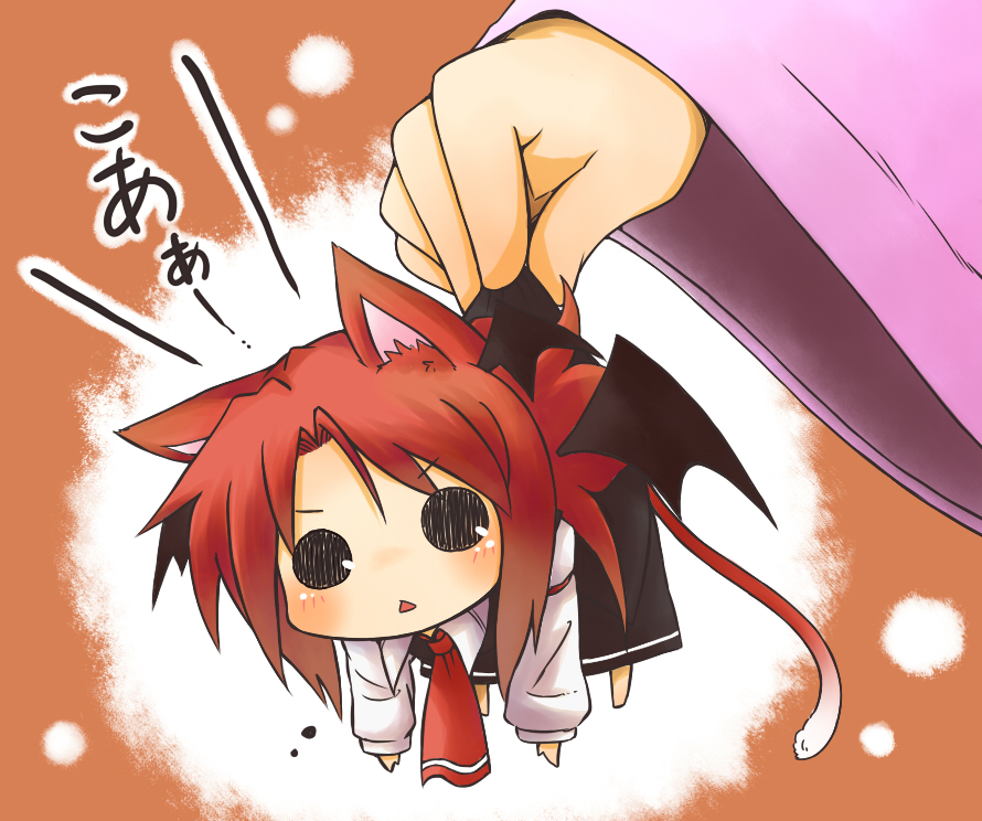 animal_ears, bat_wings, blush, carrying, cat_ears, cat_tail, chibi, head_wings