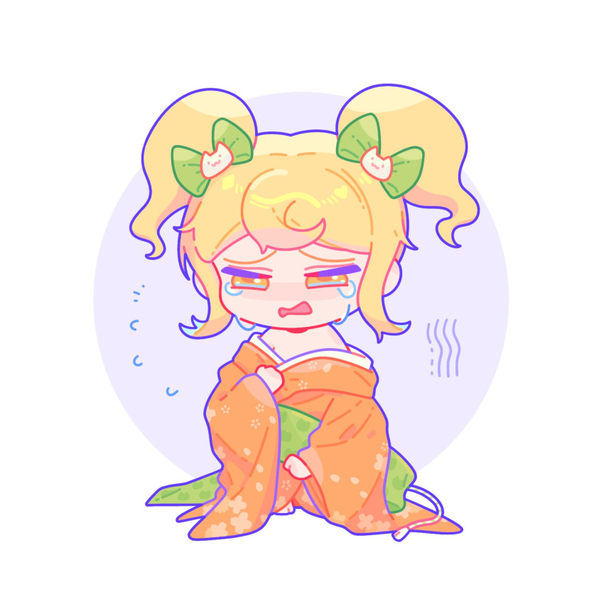 1girl, blonde_hair, bow, cat_hair_ornament, chibi, chibi_only, crying, crying_with_eyes_open