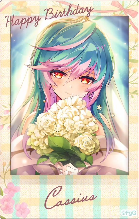 1girl, bouquet, cassius_(phantom_of_the_kill), character_name, closed_mouth, commentary_request, copyright_notice, cropped_torso, dress, floral_print, flower, gloves, gradient_hair, green_hair, hair_over_shoulder, happy_birthday, holding, holding_bouquet, jewelry, long_hair, multicolored_hair, off-shoulder_dress, off_shoulder, official_alternate_costume, official_art, orange_eyes, phantom_of_the_kill, pink_hair, polaroid_photo, ring, rose, second-party_source, sidelocks, smile, solo, straight-on, wedding_dress, white_dress, white_flower, white_gloves, white_rose