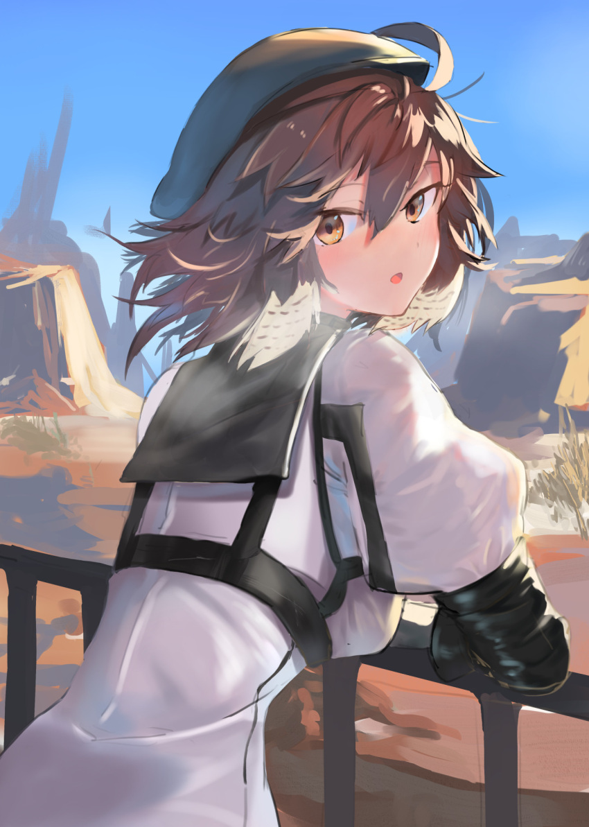 1girl, against_railing, ahoge, arknights, beret, bird_girl, black_gloves, black_hat