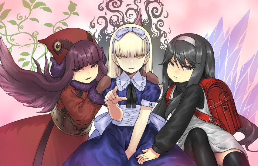 3girls, alice_(megami_tensei), artist_request, backpack, bad_link, bag, bird_hood, black_eyes
