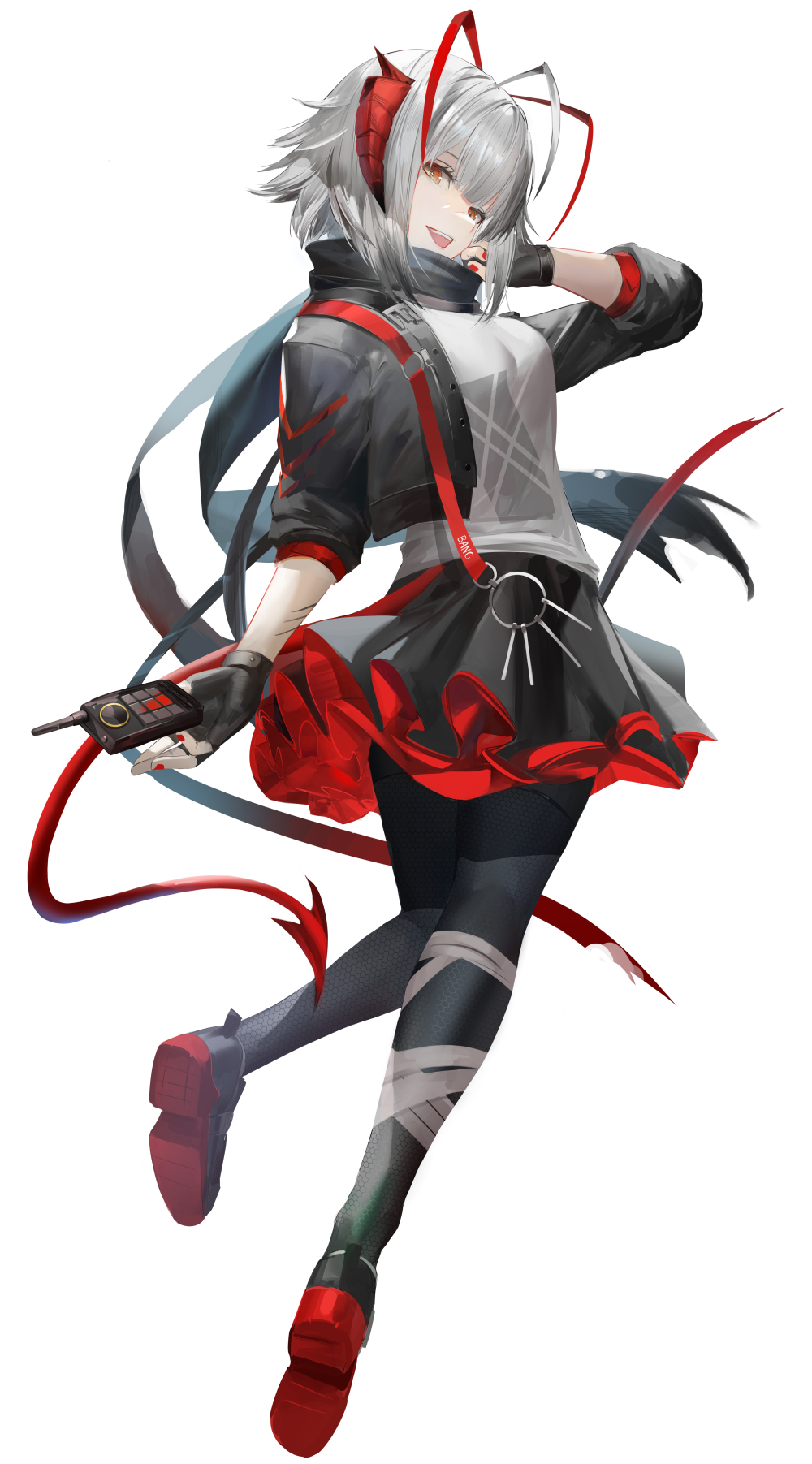 1girl, accessories, ahoge, arknights, black_footwear, black_jacket, black_skirt, blazpu