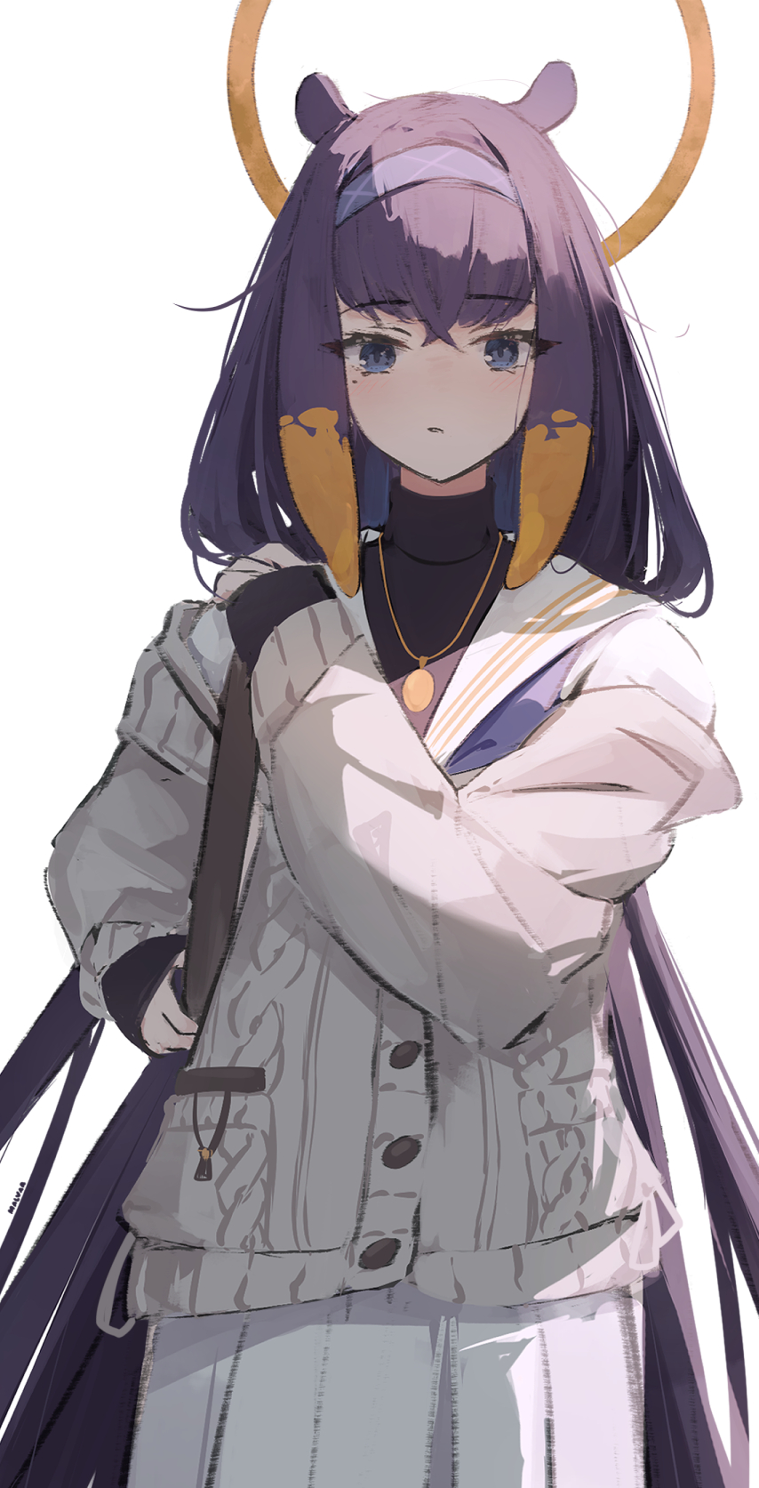 1girl, alternate_costume, bag, black_shirt, blue_archive, blue_eyes, cardigan, closed_mouth