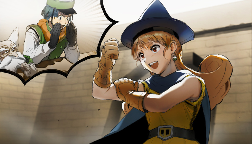 1girl, 2boys, :d, alena_(dq4), aqua_hair, balding, beard, black_gloves, blue_cape, blue_hat, blunt_bangs, brey, brown_gloves, cape, clenched_hand, clift, commentary_request, curly_hair, dragon_quest, dragon_quest_iv, dust_cloud, earrings, facial_hair, floating_cape, gloves, hand_on_own_arm, hat, highres, jewelry, long_hair, multiple_boys, old, old_man, open_mouth, orange_hair, pointy_hat, short_hair, shouting, simu_rr, smile, sweatdrop, tunic, white_hair, wrinkled_skin, yellow_tunic