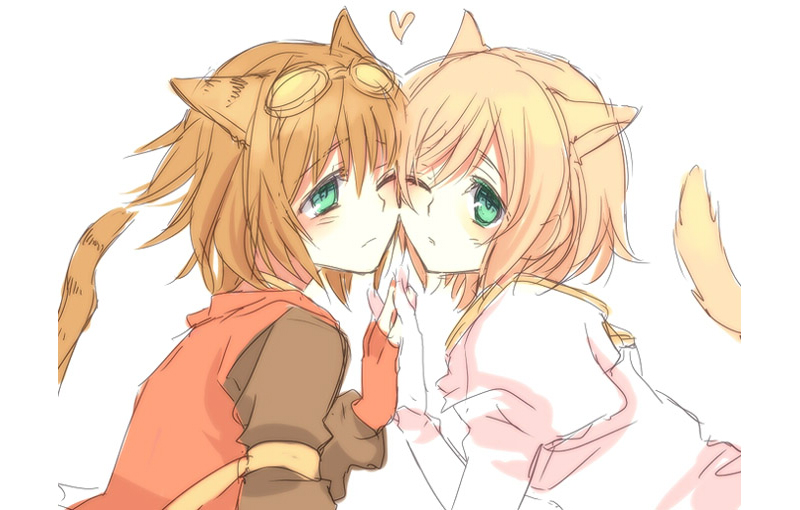 animal_ears, bad_id, brown_hair, cheek-to-cheek, cheek_to_cheek, estellise_sidos_heurassein, gloves, green_eyes