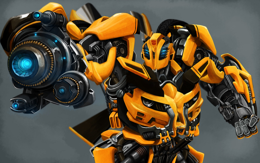 arm_cannon, autobot, blue_eyes, bumblebee_(transformers), chevrolet_camaro, glowing, glowing_eyes, humanoid_robot