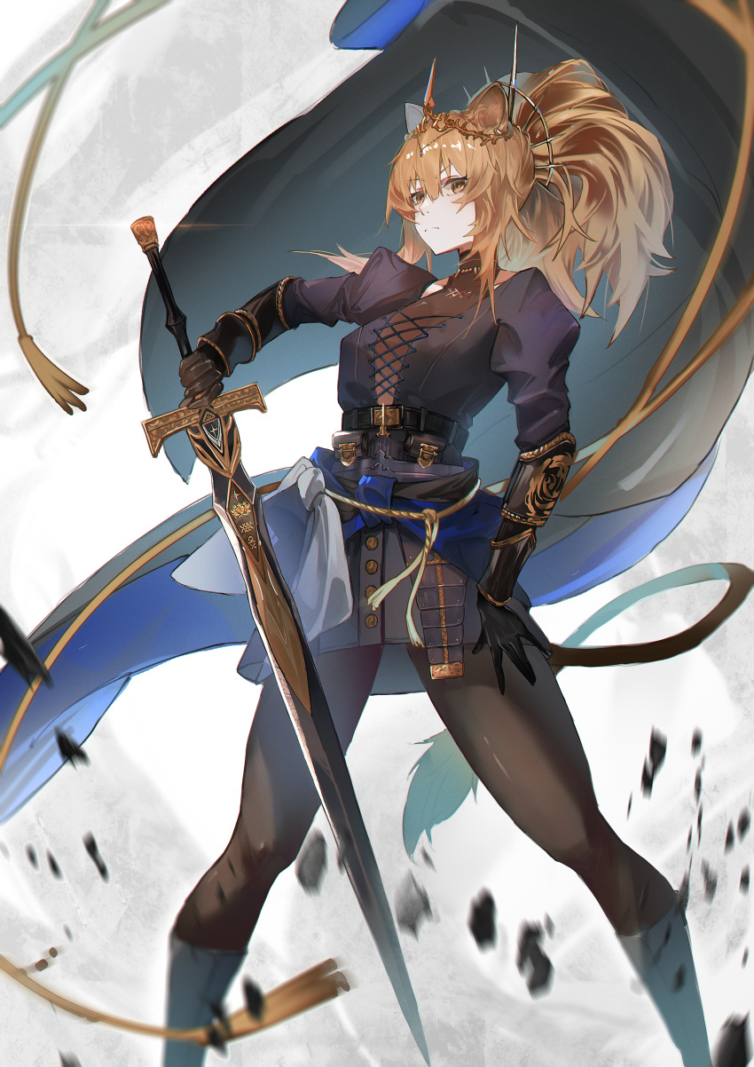 1girl, absurdres, animal_ears, arknights, armor, black_dress, black_gloves, black_pantyhose, black_shirt, black_skirt, blonde_hair, closed_mouth, crown, dress, feet_out_of_frame, fuyoo, gloves, hand_on_own_hip, head_chain, highres, holding, holding_sword, holding_weapon, jewelry, lion_ears, lion_girl, lion_tail, long_hair, looking_at_viewer, pantyhose, ponytail, shirt, siege_(arknights), skirt, solo, sword, tail, vina_victoria_(arknights), weapon, yellow_eyes