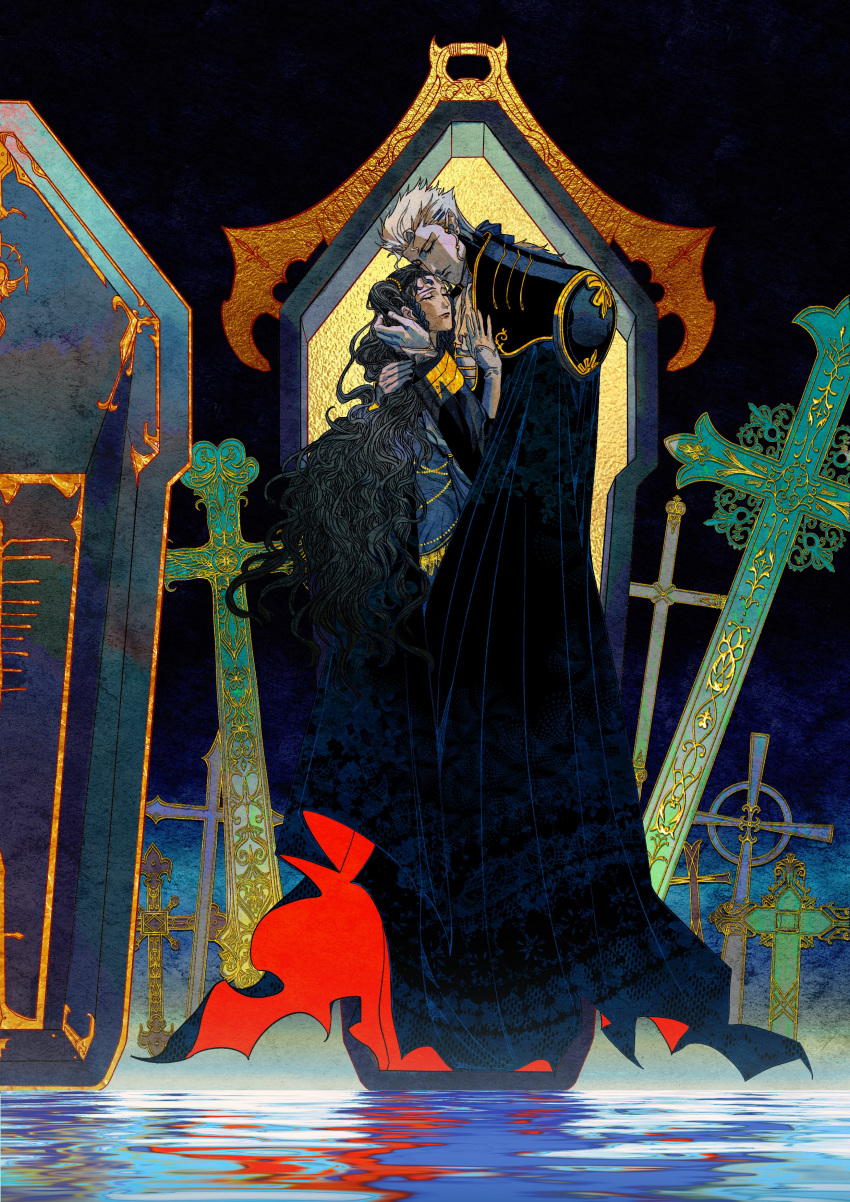 1boy, 1girl, absurdres, black_nails, cape, charlotte_elbourne, closed_eyes, coffin, couple, cross, earrings, english_commentary, fi-n-ona, hair_jewelry, highres, jewelry, long_hair, meier_link, pointy_ears, stud_earrings, vampire, vampire_hunter_d, vampire_hunter_d:_bloodlust, water