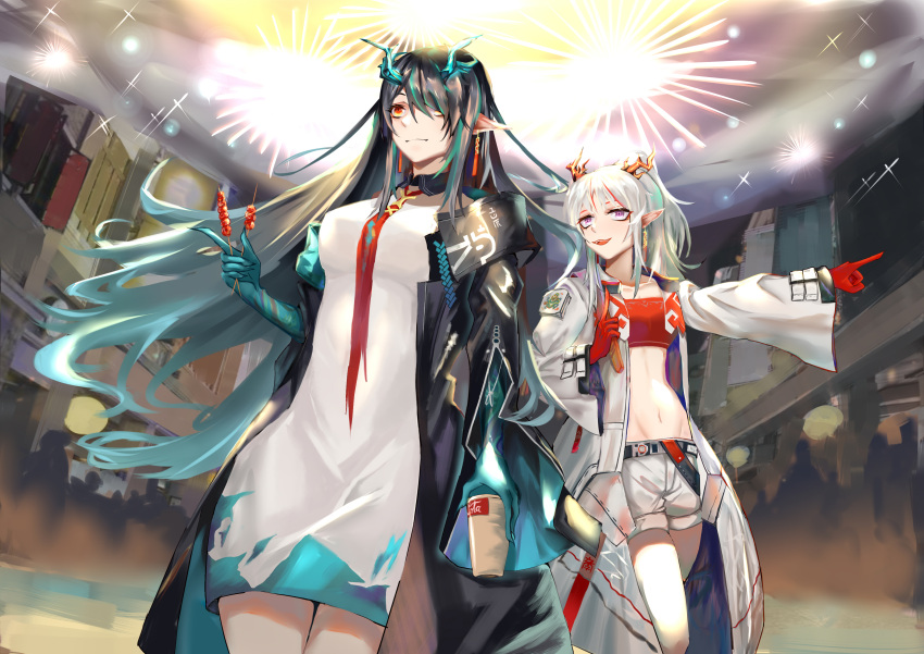 2girls, absurdres, arknights, bandeau, black_coat, black_hair, blue_skin, breasts