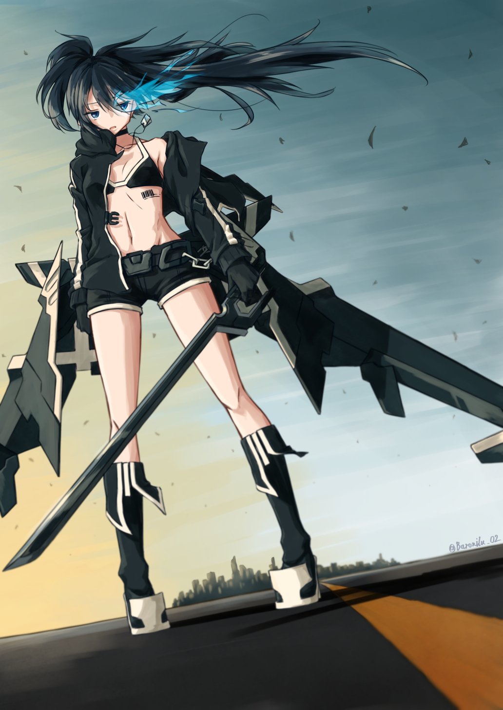 1girl, barcode, barcode_tattoo, baronilu, belt, black_choker, black_footwear, black_hair