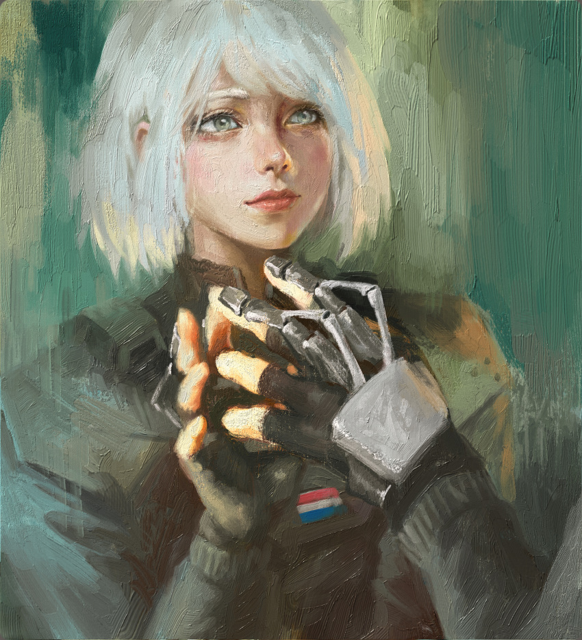 1girl, absurdres, closed_mouth, dutch_flag, grey_eyes, grey_hair, highres, iana_(rainbow_six)