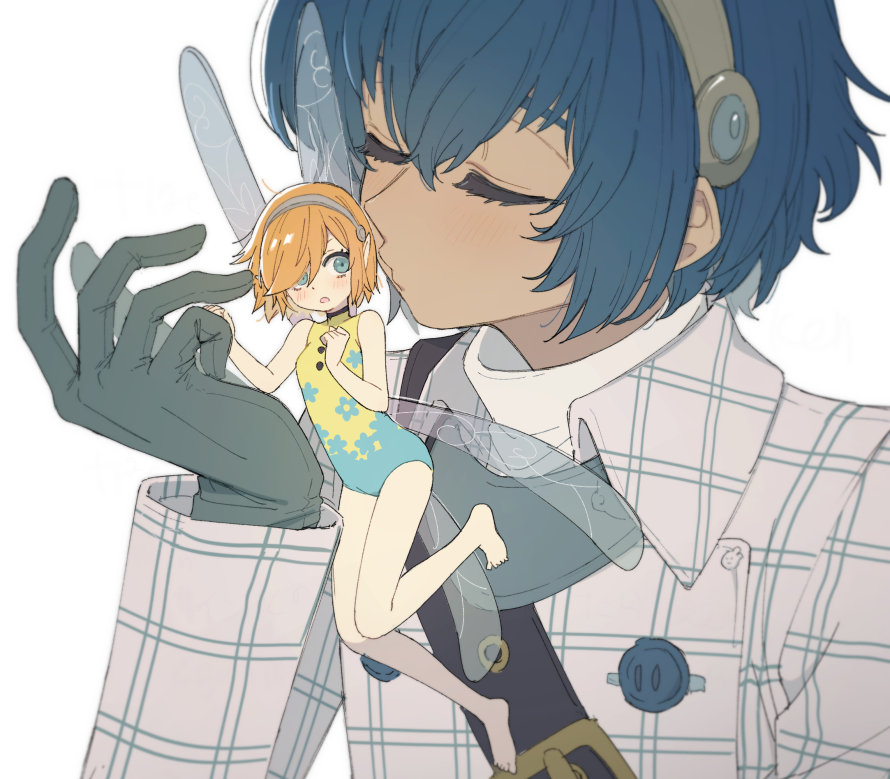 1boy, 1girl, barefoot, black_gloves, blue_eyes, blue_hair, blush, cheeseko