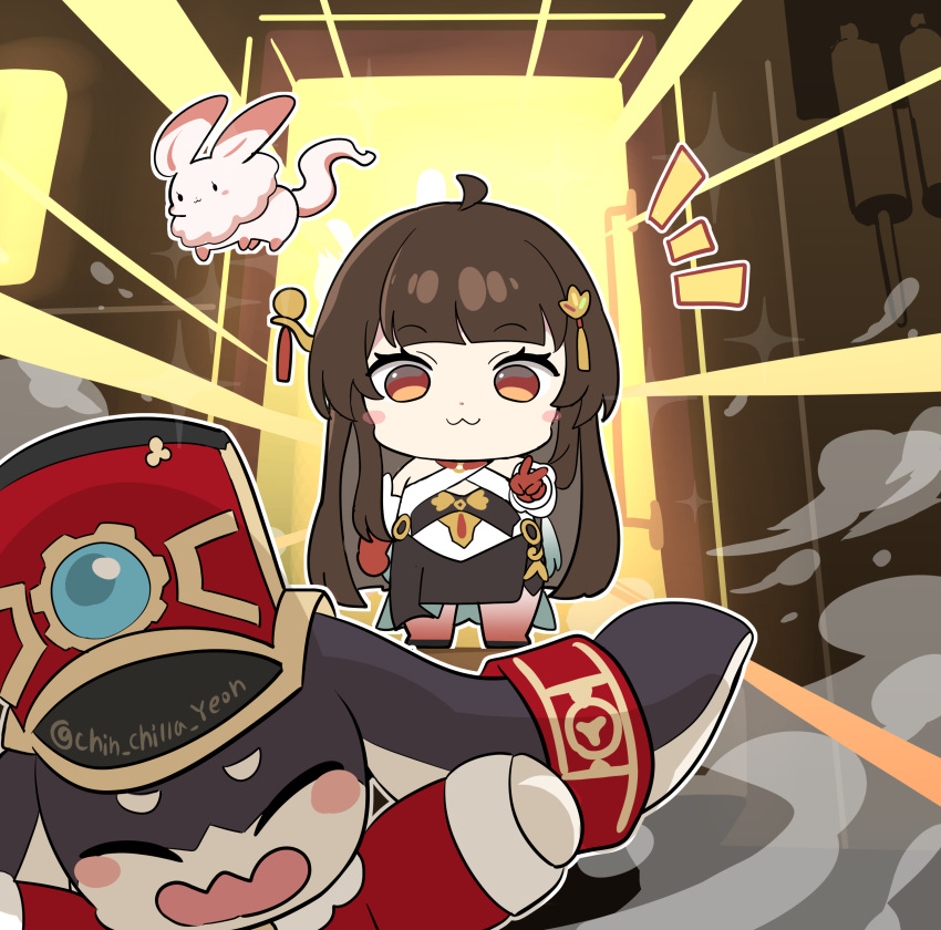 :3, absurdres, arm_at_side, blunt_bangs, blush_stickers, brown_hair, chibi, closed_mouth