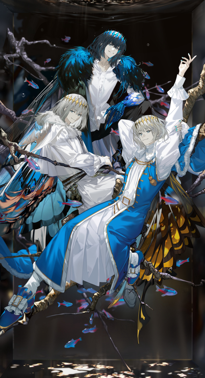 3boys, absurdres, arlizi, arm_up, arthropod_limbs, belt, belt_buckle, belt_pouch, black_cape, black_hair, black_pants, blue_eyes, blue_footwear, blue_nails, blue_robe, branch, buckle, butterfly_wings, cape, closed_mouth, collared_shirt, crown, dress, fate/grand_order, fate_(series), fish, full_body, fur-trimmed_cape, fur_trim, gold_trim, grey_hair, hair_between_eyes, hand_on_own_arm, hand_up, high_heels, highres, insect_wings, jacket, juliet_sleeves, long_sleeves, looking_at_viewer, male_focus, multiple_boys, multiple_persona, nail_polish, neon_tetra, oberon_(fate), oberon_(third_ascension)_(fate), pants, parted_lips, pouch, puffy_sleeves, revision, robe, shirt, shoes, short_hair, sitting, sleeve_cuffs, smile, spoilers, stretching, tassel, tetra_(fish), underwater, water_drop, white_belt, white_cape, white_dress, white_jacket, white_robe, white_shirt, wings