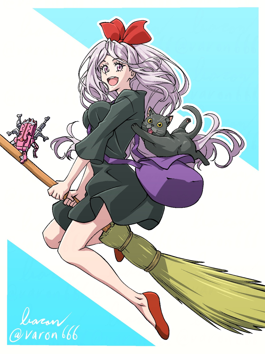 1girl, baron_(varon666), black_cat, black_dress, breasts, broom, broom_riding, cat