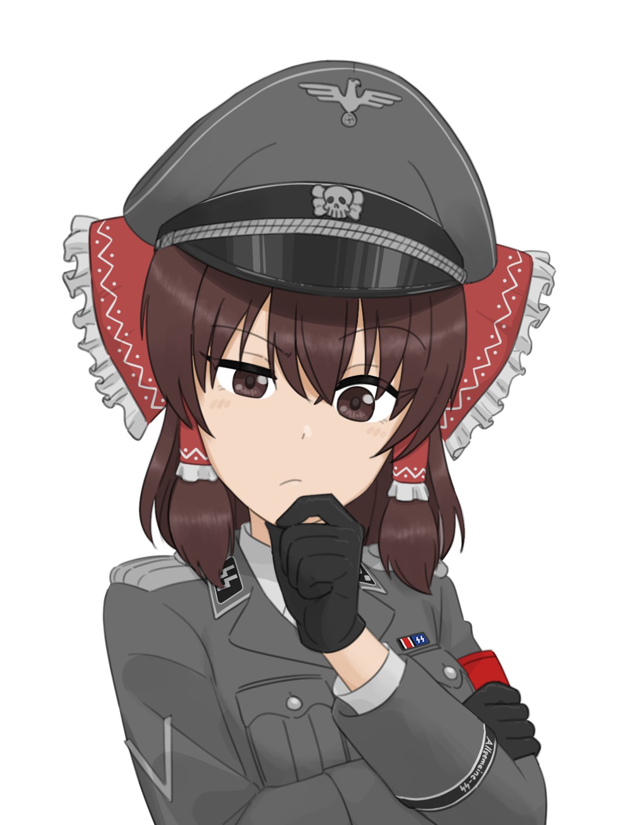 1girl, black_cat03, bow, brown_eyes, brown_hair, gloves, hair_bow, hakurei_reimu