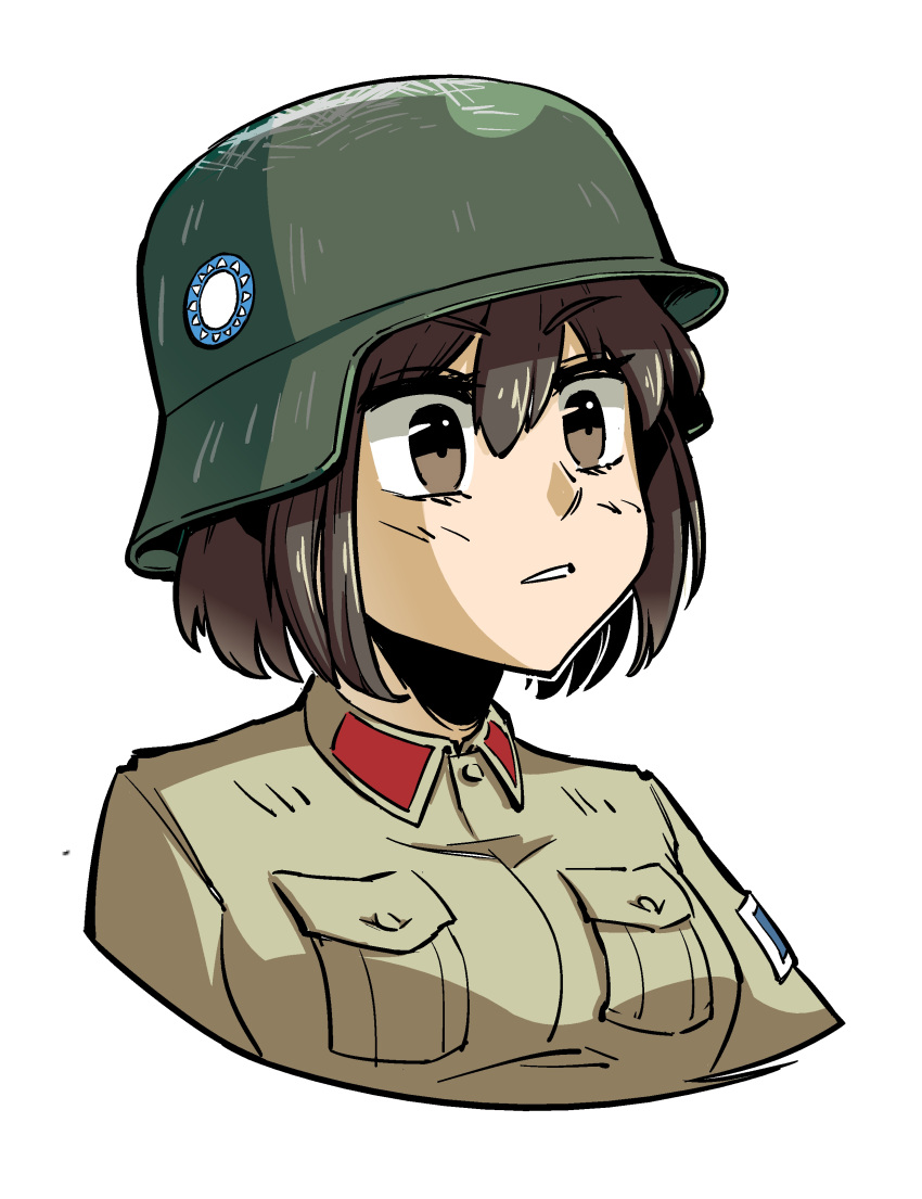 1girl, absurdres, breast_pocket, brown_eyes, brown_hair, brown_shirt, chinese_civil_war, combat_helmet
