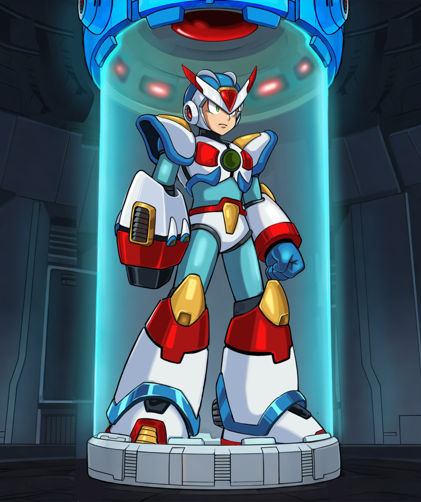 1boy, android, arm_cannon, armor, blue_helmet, dauntedx, full_body, green_eyes